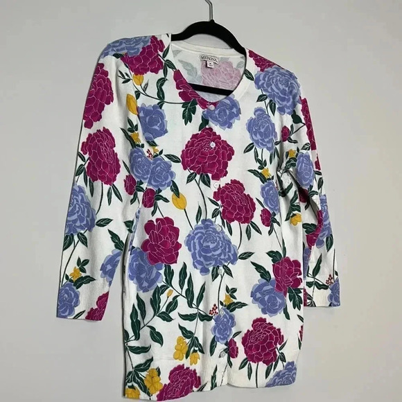 Merona Women's Cardigan Sweater Size M Floral Stretch Knit 3/4 Sleeve Colorful - Picture 4 of 10